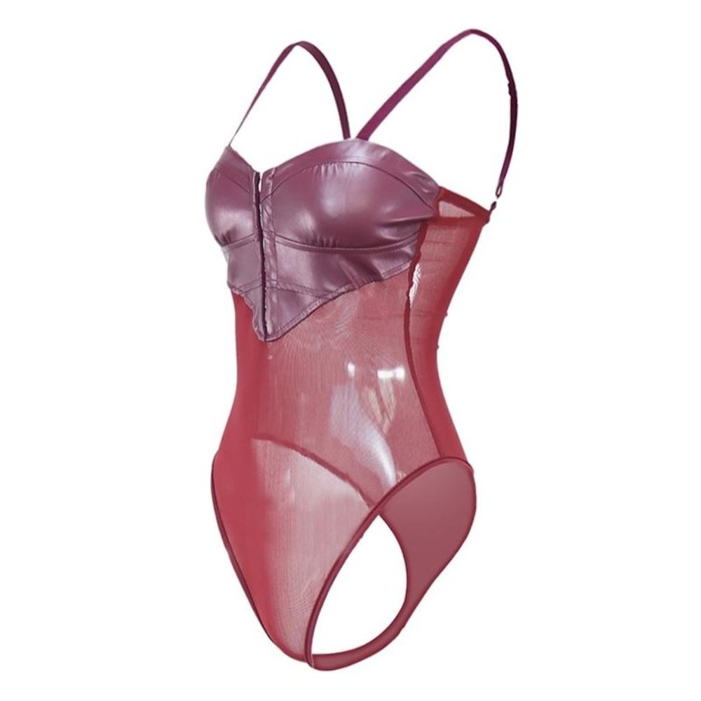 Burgundy Lace and Leather Bodysuit | Size L
